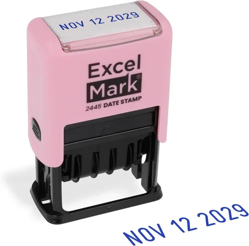 Vista 20 de ExcelMark 2445 sello de fecha: perfecto para envío, recepción, vencimiento y fechas de vencimiento (tinta azul, soporte violeta)