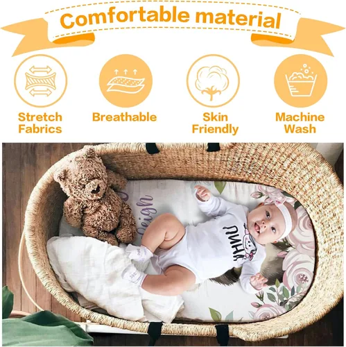 Vista 5 de Juego de 2 sábanas personalizadas para moisés de bebé, ajuste universal para colchón/almohadilla de moisés rectangular, ovalado, de reloj de arena