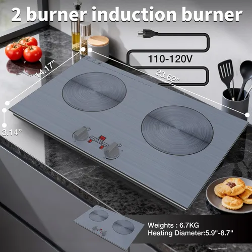 Vista 6 de GIHETKUT Placa de inducción de 2 quemadores, placa de inducción de 110 V 4000 W con panel cepillado, control de perilla, 9 niveles de potencia