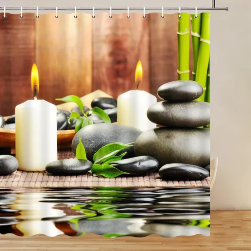 Vista 2 de Cortina de ducha de tela de poliéster, decoración de spa por baño, decoración de jardín zen para baño, diseño mágico japonés, velas de bambú, verde