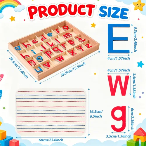Vista 2 de Juexica Montessori Letters Movable Wood Alphabet with Box and Large Mat Small Wooden Alphabet Montessori Trays Preschool Spelling Learning Language