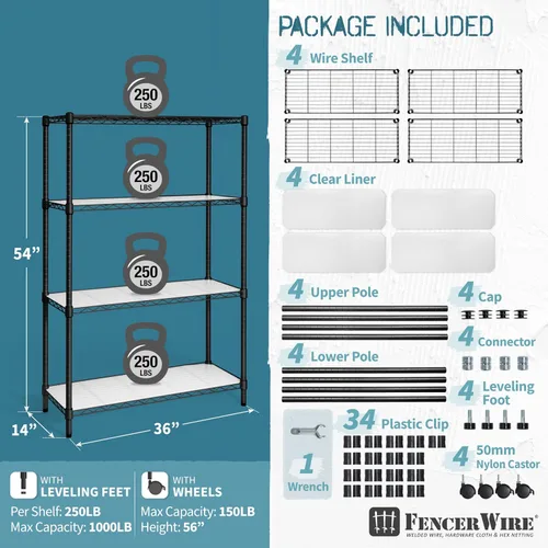 Vista 3 de Fencer Wire NSF - Estantería de alambre de altura ajustable de 4 niveles, organizador de almacenamiento de estanterías de garaje, estante de alambre