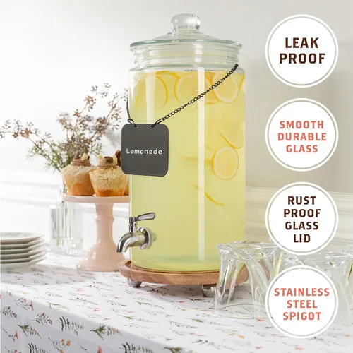Vista 5 de Dispensador de bebidas de vidrio de 2 galones con boquilla para fiestas, soporte hermético alto y hermético para servir bebidas estilo masón