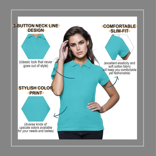 Vista 4 de FRESH TEE Polo de manga corta para mujer 100% algodón slim fit (XL, turquesa), Turquesa