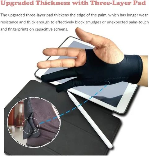 Vista 3 de Guante de dibujo, guante de arte digital de rechazo de palma de 3 capas para tableta gráfica, guantes de artista con dos dedos para iPad, bocetos