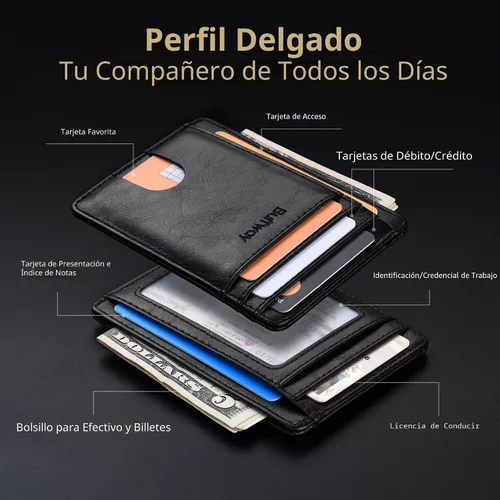 Vista 3 de Buffway - Carteras de cuero delgadas minimalistas con bolsillo frontal y bloqueo RFID para hombres y mujeres, negro (Alaska Black), Minimalista
