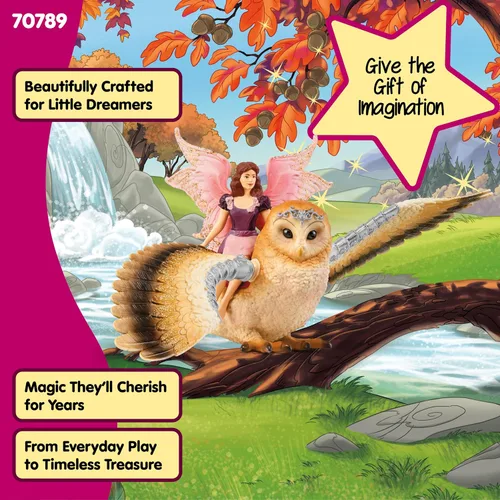 Vista 6 de schleich Bayala - Figura de hada en vuelo con búho glamoroso, juguete de hadas y pájaro mágico con alas móviles, juego de juguetes de fantasía