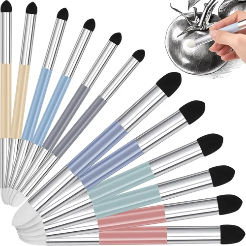 Vista 7 de Kosiz 6 lápices de esponja para mezclar de doble cabeza para frotar y pulir lavables, cepillo de esponja para frotar bocetos, reutilizable, mezcla