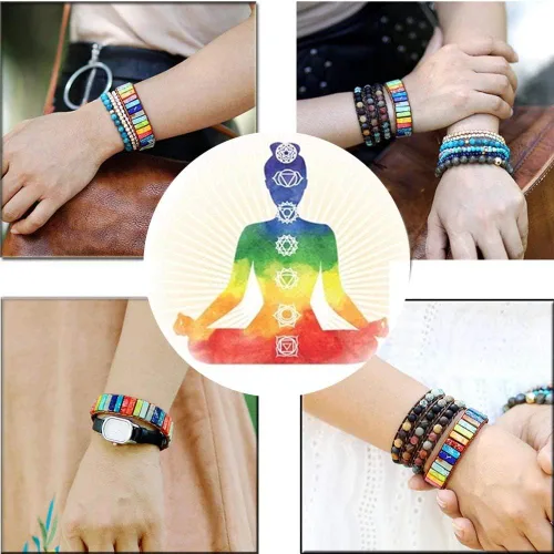 Vista 8 de sedmart - Pulseras de los 7 chakras para mujeres con piedras reales y correa de cuero, cuentas curativas para hombres y mujeres, joyería bohemia