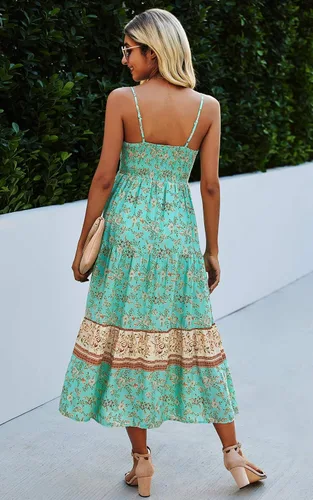 Vista 7 de Angashion - Vestido largo, diseño floral, ajustable con tirantes delgados, cuello en V, bohemio, para verano, playa, étnico y holgado, para mujer