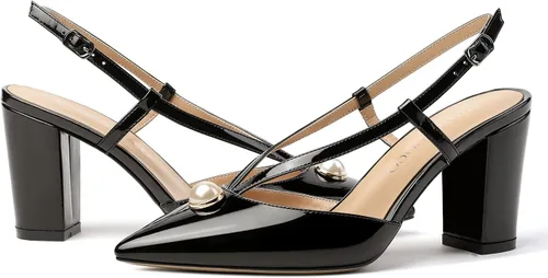 Vista 5 de MODENCOCO Zapatos de tacón alto para mujer, correa de tobillo recortada, charol perla, puntera puntiaguda, 3.5 pulgadas