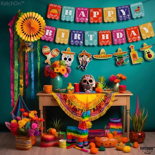 Vista 3 de KatchOn - Cartel mexicano de feliz cumpleaños, 15 pies preencordado, decoraciones de cumpleaños mexicanos, decoraciones de fiesta de fiesta