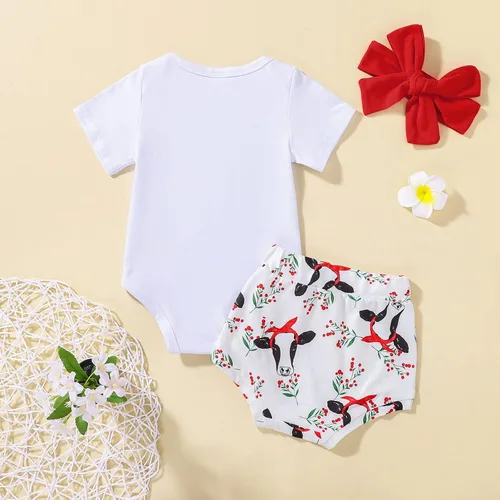 Vista 4 de Conjunto de 3 piezas de ropa occidental con estampado de vaca de manga corta para bebé y niña, conjunto de 0 a 24 meses