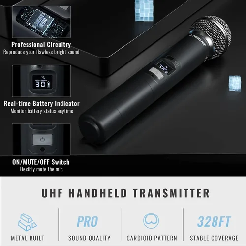 Vista 2 de Phenyx Pro Micrófono inalámbrico profesional, micrófono dinámico UHF, micrófono inalámbrico de metal, micrófono de mano
