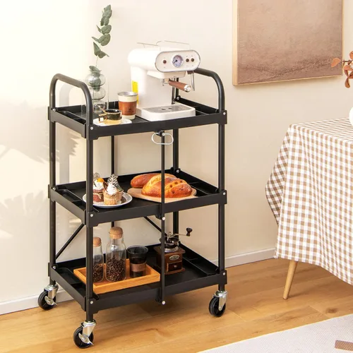 Vista 8 de Goplus Carrito plegable con ruedas, carrito de herramientas de 3 niveles con ruedas y compartimentos bloqueables, carrito de servicio de metal