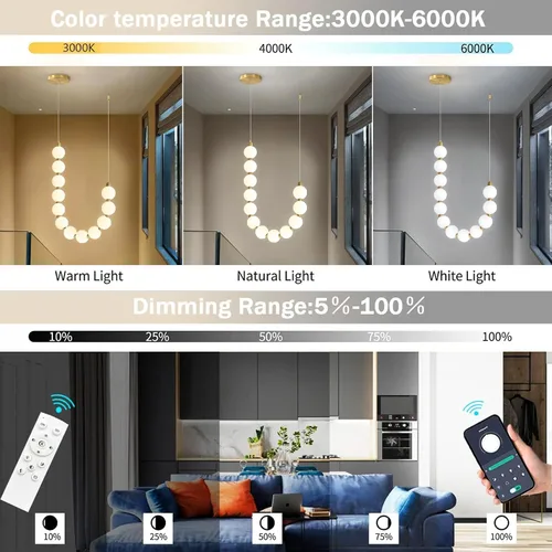 Vista 3 de Candelabros modernos LED regulables, bolas de acrílico, iluminación colgante de techo para sala de estar, comedor, dormitorio, luces colgantes