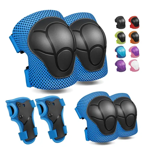 Vista 9 de Rodilleras para niños, rodilleras y coderas, conjunto de equipo de protección para niños y niñas con protectores de muñeca 3 en 1 para patinaje Negro