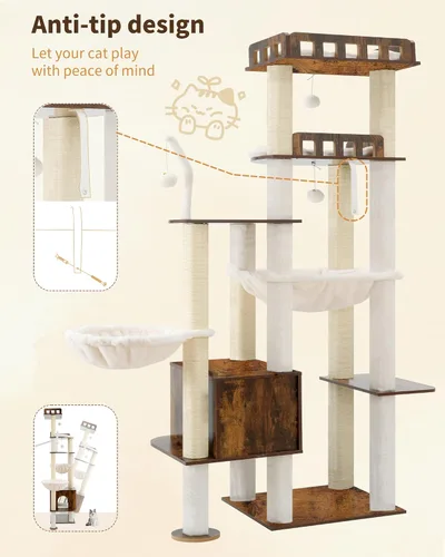 Vista 8 de Heybly Árbol para gatos, torre alta de madera para gatos grandes de Marrón rústico