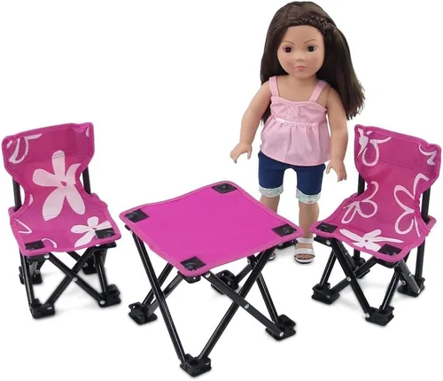 Vista 4 de Emily Rose Muñeca de 18 pulgadas, juego de 3 piezas de camping plegable, sillas y mesa rosa para exteriores con estuche de almacenamiento