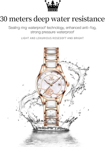 Vista 5 de OLEVS Relojes para mujer, oro rosa, de dos tonos, de moda, de cerámica, blanco, esfera rosa, roja, acero inoxidable, fecha impermeable