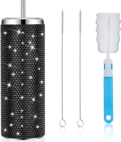 Vista 14 de Tessco Vasos Tumbler con Pedrería Brillante con Pajita Botella de Agua con Purpurina Tumbler de Pajita de Acero Inoxidable Vaso Aislado con Pedrería