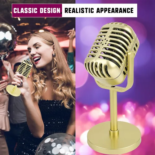 Vista 4 de Paquete de 6 micrófonos de estilo retro, modelo de micrófono falso dorado con soporte clásico vintage de plástico para Halloween, juego de rol, hip
