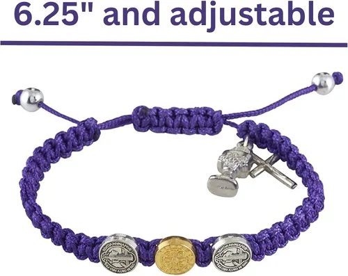 Vista 5 de Pulsera de medalla de San Benito, diseño de macramé morado, talla única