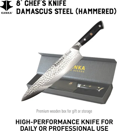 Vista 3 de KANKA Cuchillo de chef de acero Damasco de 8 pulgadas - 67 capas de acero profesional, núcleo de 10Cr, borde afilado 62 HRC, mango ergonómico