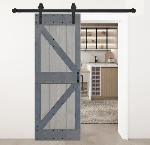 Vista 20 de Serie K - Puerta corrediza de granero de madera maciza con acabado marrón/nogal de 38 x 84 pulgadas con kit de herrajes (requiere montaje)