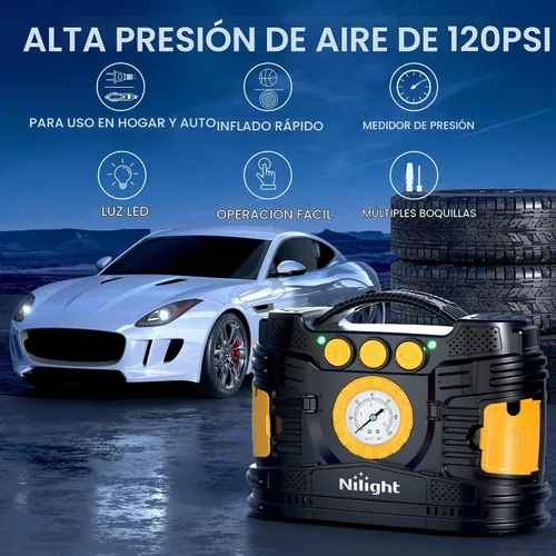 Vista 6 de Nilight Inflador de neumáticos Compresor de aire portátil de doble potencia 12 V CC para automóvil, 110 V CA para el hogar, bomba con manómetro