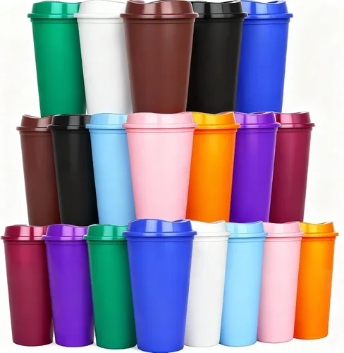 Vista 6 de Paquete de 20 tazas de café reutilizables con tapas, vasos de plástico de 16 onzas, taza de viaje para café helado para adultos y mujeres, bebidas