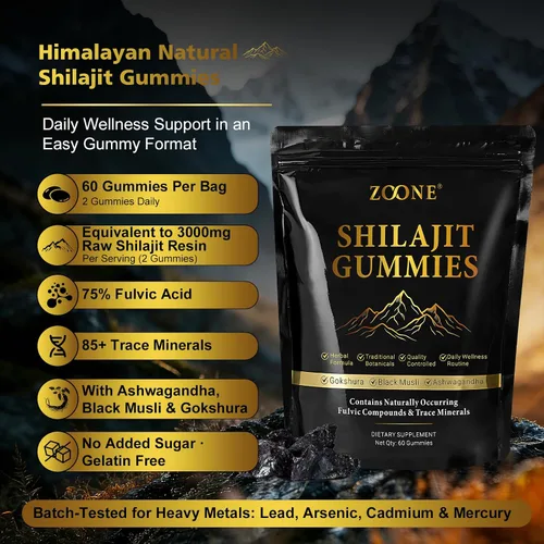 Vista 3 de Gomitas Shilajit naturales del Himalaya de 3000 mg, 75% de ácido fúlvico, más de 85 minerales traza, Shilajit para hombres y mujeres, resina