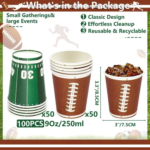 Vista 2 de 100 piezas de decoración de fútbol – vasos de papel de 9 onzas para fiestas deportivas, día de juego de fanáticos, suministros temáticos de fiesta