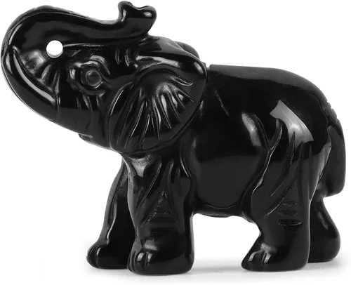 Vista 3 de Artistone Estatua de elefante de cristal de obsidiana negra, escultura de animales tallada a mano para decoración del hogar, adornos de escritorio