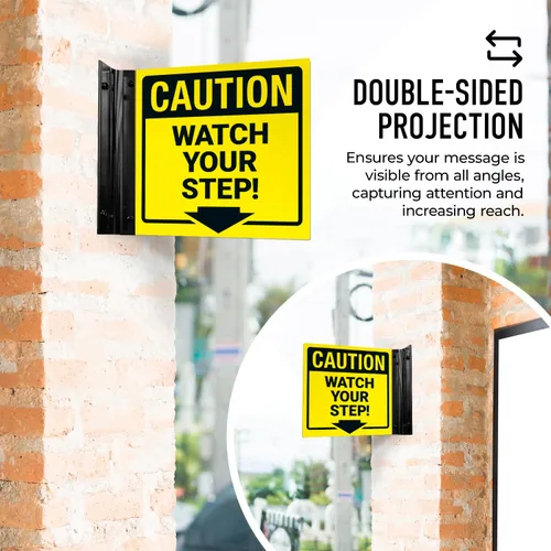 Vista 3 de Watch Your Step Projecting Letrero de doble cara, 6 x 6 pulgadas, ACM, con accesorio negro satinado, fabricado en Estados Unidos 6x6 Inches, ACM