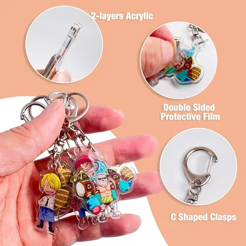 Vista 3 de 5 unidsset de una pieza llaveros para mochilas anime zoro luffy sanji usoppu frank acrílico llaveros pequeño regalo para una pieza fans únicos