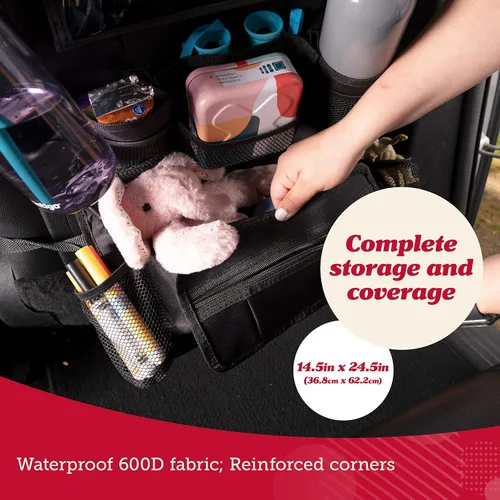 Vista 4 de Organizador para asiento trasero de coche Lusso Gear - Alfombrilla protectora contra los pies de los niños - 12 bolsillos grandes de almacenamiento