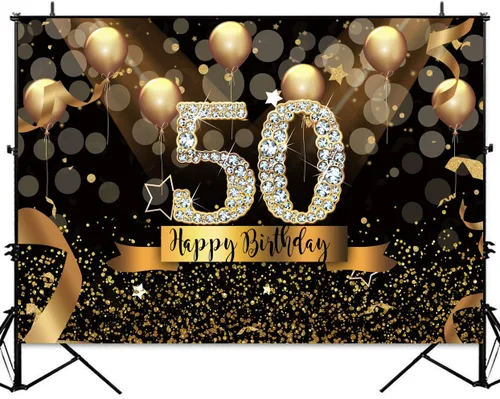 Vista 2 de Sensfun Fondo de fotografía para fiesta de cumpleaños número 50 de 7 x 5 pies, con purpurina, globos negros y dorados para mujer, fabulosa