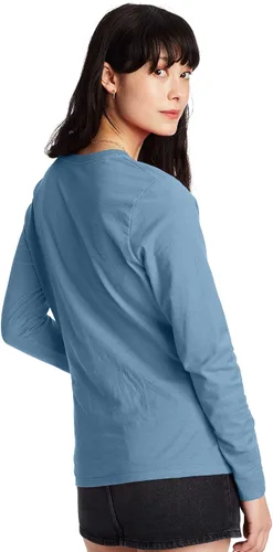 Vista 3 de Hanes Camiseta de algodón de manga larga para mujer, camiseta ligera con cuello redondo, ajuste moderno