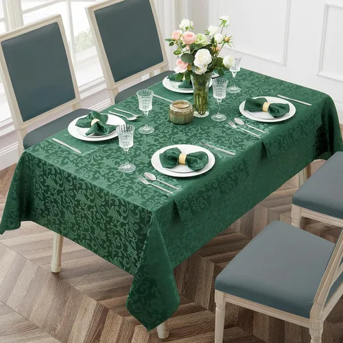 Vista 6 de Mantel cuadrado de damasco de desplazamiento verde jacquard de 52 x 52 pulgadas, mantel lavable para mesa de comedor, fiestas de buffet y campamento