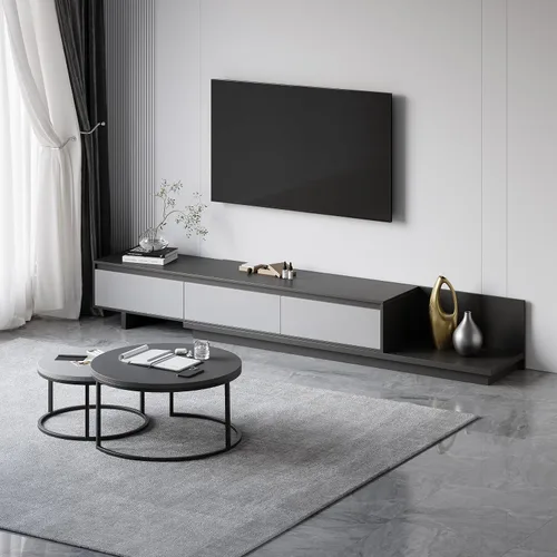 Vista 7 de homary Soporte de TV extensible y mesa auxiliar anidable, centro de entretenimiento moderno de 2 piezas con cajones para sala de estar