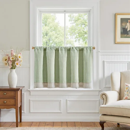 Vista 30 de jinchan Cenefa de Lino a Rayas para Ventanas de 16 Pulgadas Cortinas Opacas para Ventana Pequeña Estilo Granja Cenefa de Doble Capa para Sala