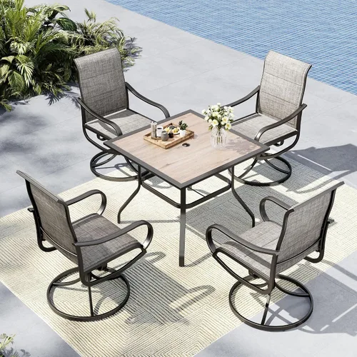 Vista 14 de MFSTUDIO Juego de comedor de patio para 4 con mesa cuadrada de metal y Marrón Grisáceo