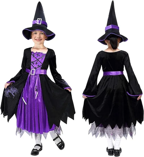 Vista 2 de Disfraz de bruja para niñas, fiesta de Halloween, conjunto de lujo con falda de sombrero para niñas