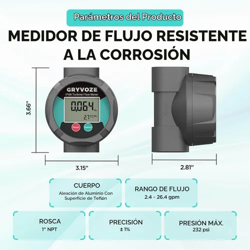 Vista 6 de Medidor de flujo resistente a la corrosión de 1 pulgada para agua, combustible, productos químicos