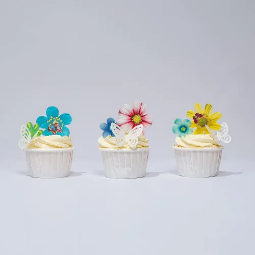 Vista 3 de Flores comestibles, hojas comestibles y mariposas comestibles blancas, papel de oblea, decoración de cupcakes para decorar papel de arroz