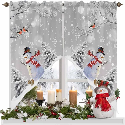 Vista 13 de BEMIGO Cortinas de cocina de Navidad, lindas cortinas de granja con muñeco de nieve azul, cenefa con bolsillo para barra de copos de nieve