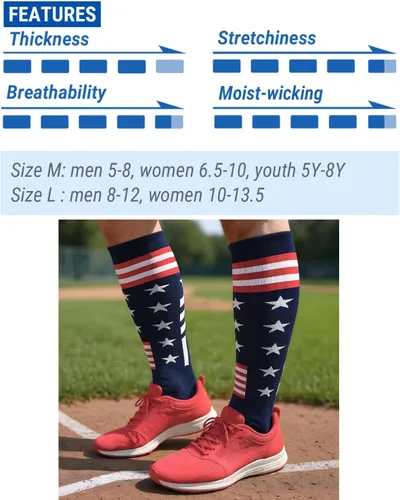 Vista 7 de Calcetines atléticos hasta la rodilla con la bandera estadounidense para béisbol, fútbol, sóftbol y fútbol