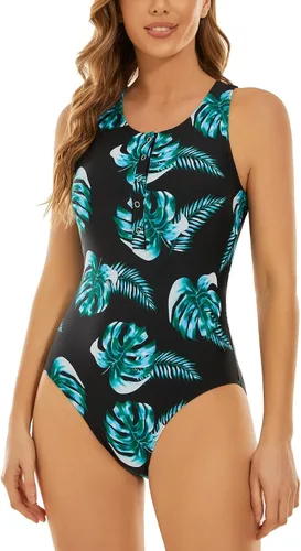 Vista 5 de MakyeAme Traje de baño de una pieza con botones para mujer, con control de abdomen, cuello ajustable, torso largo, brasier integrado