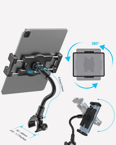 Vista 4 de Soporte de cuello de cisne para iPad para cochecito, soporte ajustable para tableta de teléfono, abrazadera de poste para cochecito de bebé, carrito